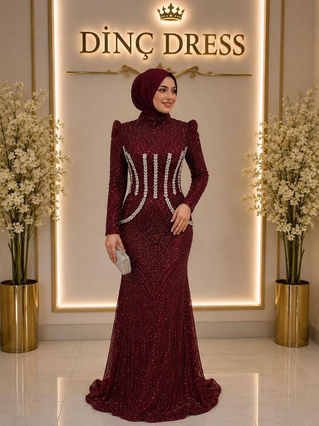 Dinç Dress — Bordo Boncuk İşlemeli Abiye