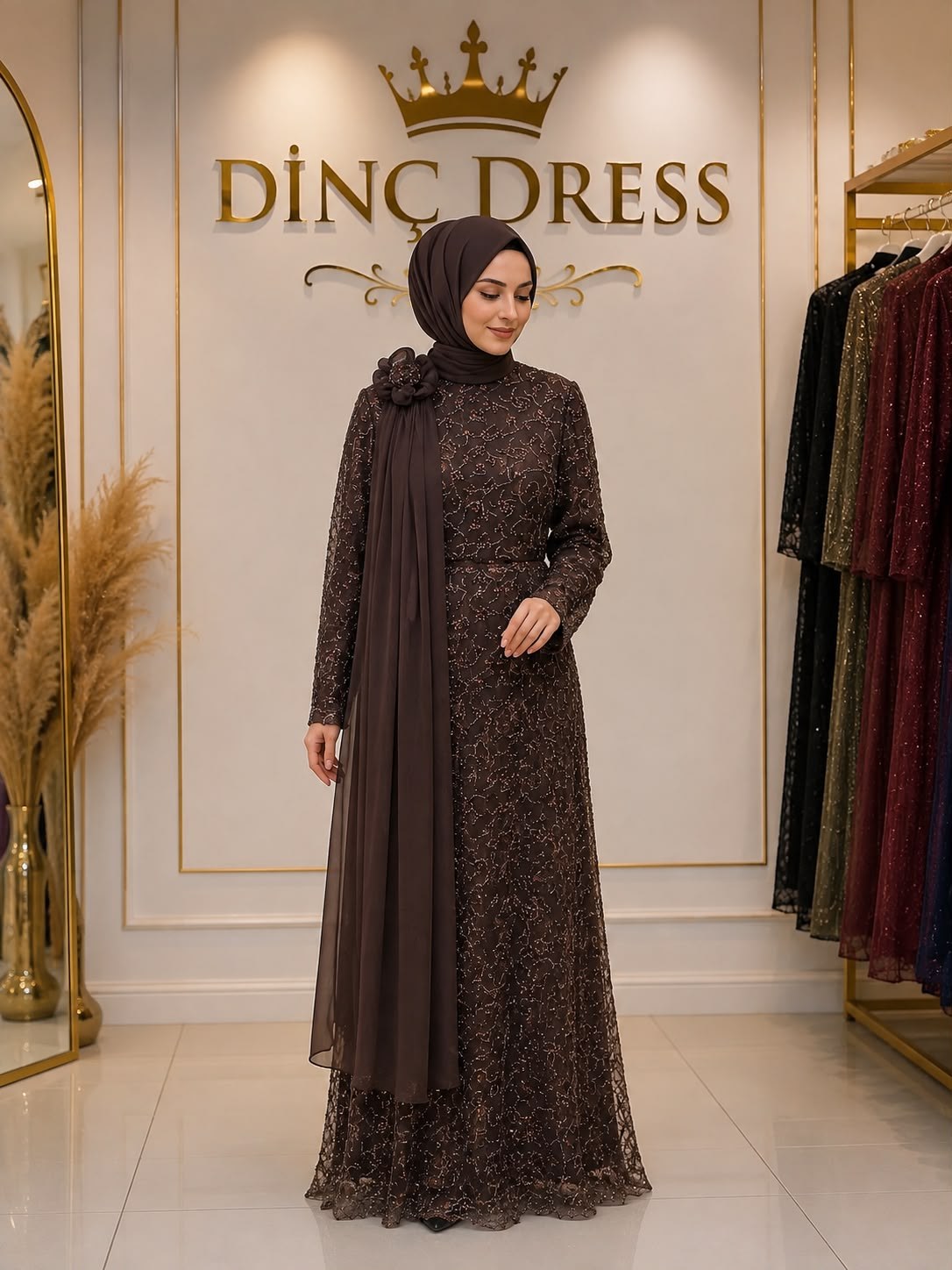 Dinç Dress — Kahverengi Taş İşlemeli Abiye, Büyük Beden 52