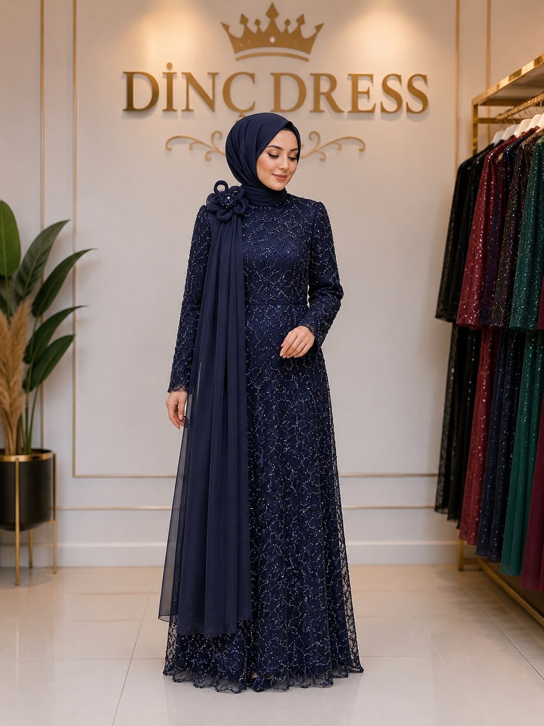 Dinç Dress — Lacivert Taş İşlemeli Abiye, Büyük Beden 52