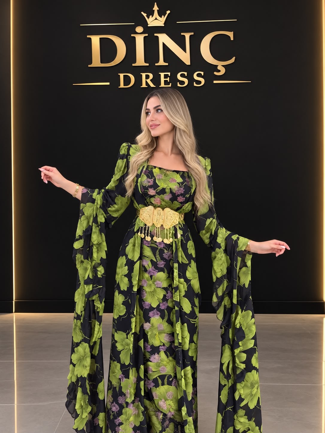 Dinç Dress — Yeşil Çiçek Desenli Yöresel Abiye, altın kemer detaylı